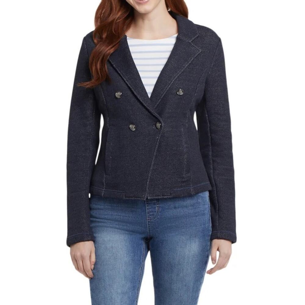 Tribal Jeans Women's Navy Faux Double Breasted Crest Buttons Knit Blazer SZ M